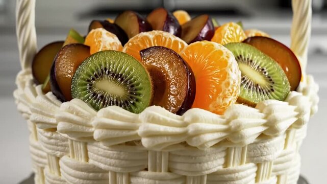 Delicious Basket Cake with Creamy Frosting and Fresh Fruit on a Silver Cake Stand, Close Up View