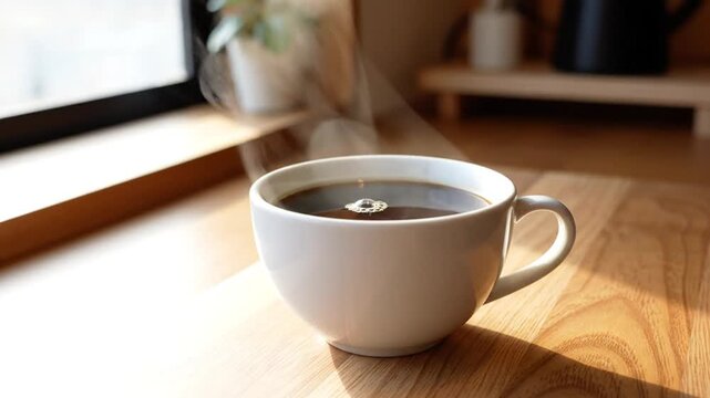 Steaming Cup of Coffee on Wooden Table.