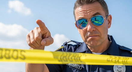 Male police officer pointing at yellow crime scene tape outdoors  