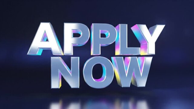 Metallic silver 3d apply now text with holographic style iridescent effect against dark blue background