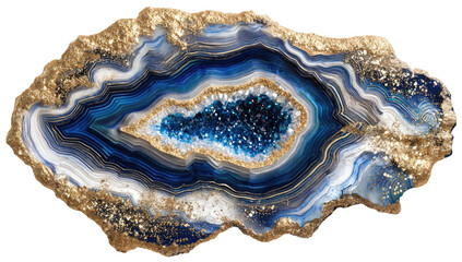 Fototapeta premium Close-up of a cut stone, showcasing blue and white layers with a sparkling center, edged with gold