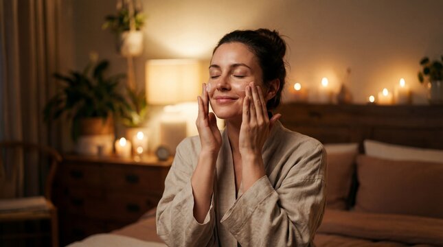 Woman applying skincare facial cream treatment beauty indoors