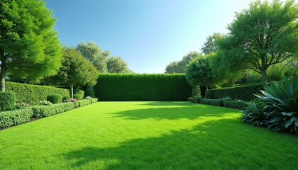 Fototapeta premium Well-kept garden lawn with manicured hedges, mature trees under clear blue sky. Lush green grass, neat bushes, flowering plants create peaceful outdoor setting perfect for relaxation, events.