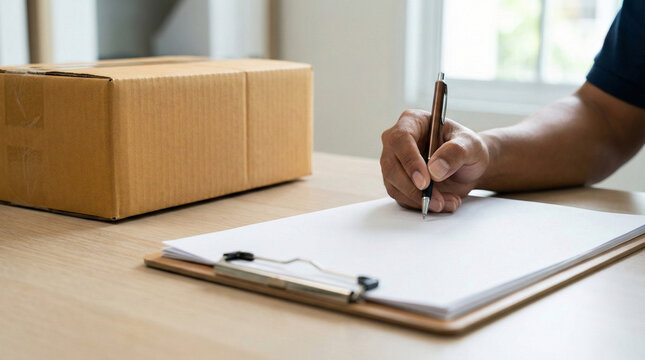 A person's hand writing on a clipboard next to a cardboard box on a wooden desk, indicating shipping or delivery tasks.