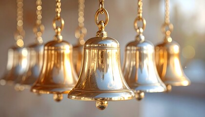 Obraz premium Golden Chimes Harmony A Symphony of Serenity with Hanging Bells Reflecting Light and Peace.