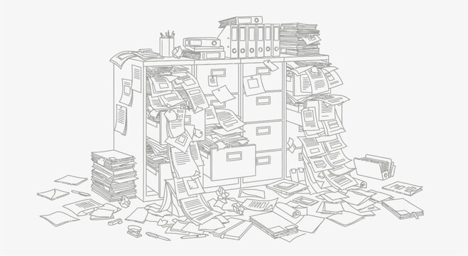 A detailed line drawing illustrating an extremely messy and overflowing filing cabinet with documents spilling out everywhere, symbolizing disorganization.