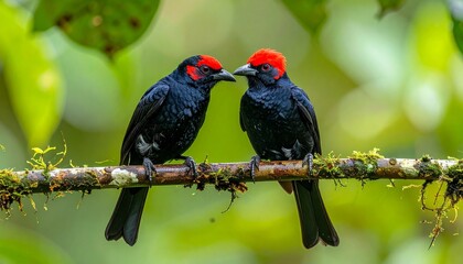Obraz premium Pair of Crimson Collared Tanagers perched on a branch in a vibrant rainforest setting symbolizing wildlife.