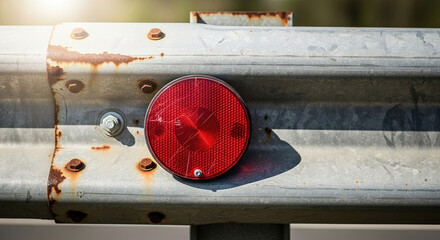 Reflective red safety light on rusty metal guardrail  