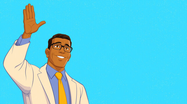 Friendly Gesture: A warm-hearted figure, clad in a crisp lab coat, waves cheerfully with a welcoming hand against a clear sky backdrop, radiating positivity and approachability.