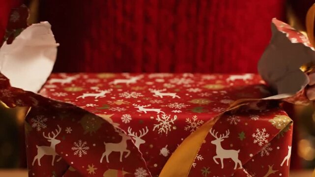 Hands of a young woman with light skin and manicured nails placing a ribbon on a red Christmas gift box with white reindeer patterns on a green chroma key background.