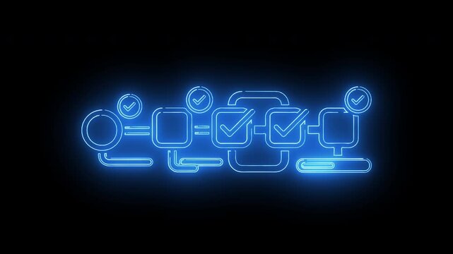 Neon blue glowing flowchart diagram with checkmarks on a black background.
