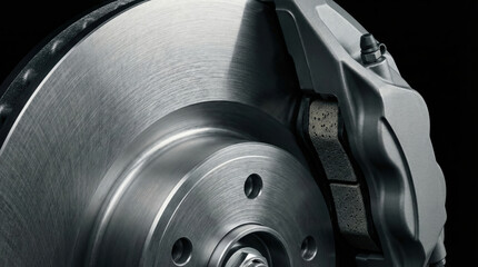 Close-up modern car brake disc and caliper. Safety performance component for automobile. Car part maintenance and repair concept.