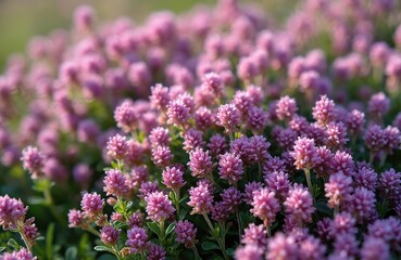 Obraz premium Pink thyme flowers bloom abundantly in a sunlit meadow. Tiny blossoms create a carpet of color, showing wild herb growth. Useful for health tea and natural remedies.
