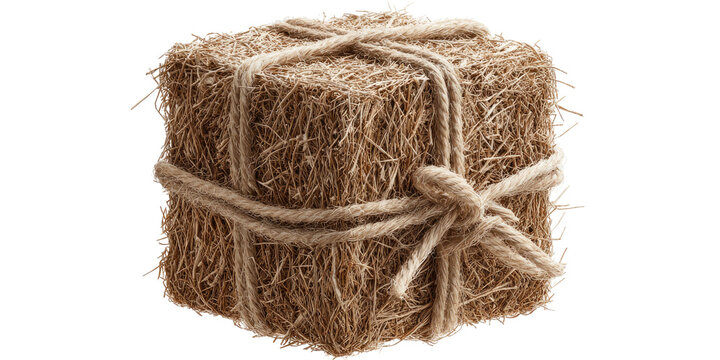 A square bale of hay bound with twine, ready for transport, isolated on a transparent background