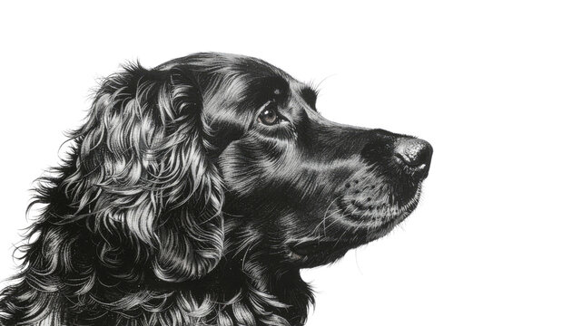 Detailed charcoal drawing of a black Flat-Coated Retriever dog's head in profile, showcasing its wavy fur texture and expressive eye, rendered with fine artistic skill on a clean white