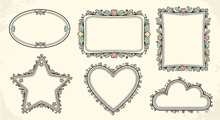 Set of six hand-drawn decorative frames with floral and heart motifs in various shapes including oval, rectangle, square, star, heart, and cloud, on a light background.