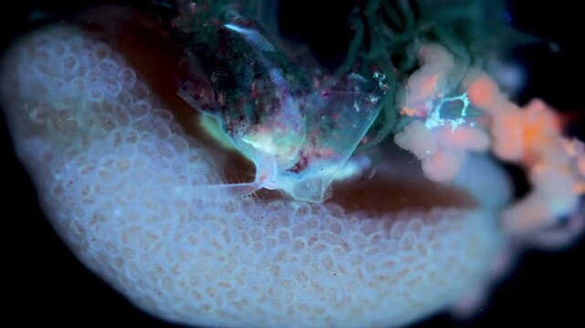 Parasitic crustacean Peltogaster paguri under a microscope. Video shows external part, or externa, where larvae develop, and internal part, or interna. Under ultraviolet light. White Sea.