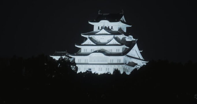 Bright, glowing 16th century Matsumoto castle behind silhouetted trees at night