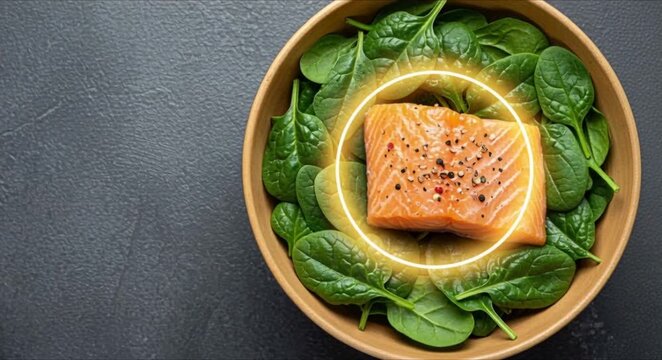 bowl of salmon and spinach with glowing halo perfect for national nutrition month