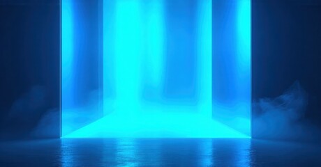 Fototapeta premium Bright blue light illuminates empty space. Smoke fills floor creating dramatic effect. Minimalist design, futuristic vibe.