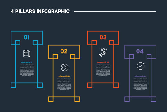 4 pillars infographic process diagram with square structure with up and down position with dark background bright outline style 4 points