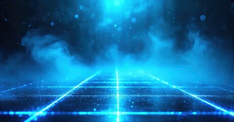 Fototapeta premium Neon grid extends into smoky darkness. Bright lines create futuristic perspective. Intense blue dominates scene, evoking digital space.