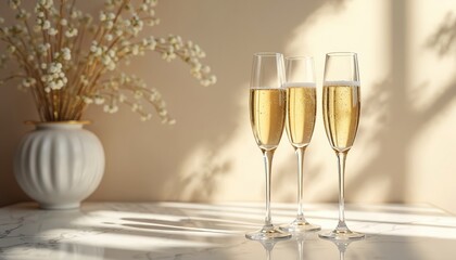 Three champagne flutes with sparkling wine on marble table. Soft light and floral decor create elegant festive mood. Perfect for celebrations, holidays, and luxury events.