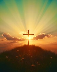 Fototapeta premium A cross is on top of a hill with a beautiful sunset in the background