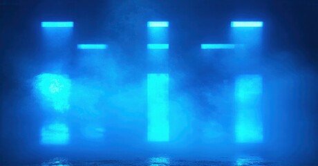 Obraz premium Bright blue lights shine through thick fog. Stage illumination creates dramatic effect, mysterious atmosphere. Minimalist design.