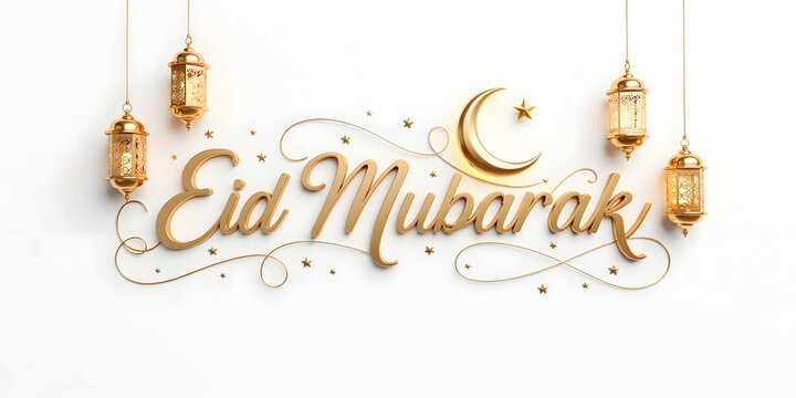 Golden eid mubarak text with hanging lanterns and moon crescent for islamic holiday celebration