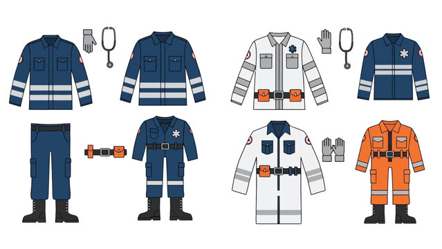 Collection of emergency worker outfits and safety equipment displayed in a grid arrangement