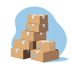 Fototapeta premium Stack of brown cardboard boxes sealed with white tape and barcodes arranged in uneven piles isolated on white background vector illustration for storage shipping packaging concept