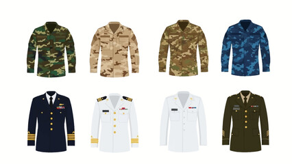 Collage of various military uniforms and camouflage jackets displayed against a neutral background from a straight-on viewpoint © Vector Graphic