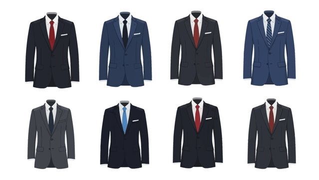 A collection of eight illustrated men's formal suit jackets with varied tie colors displayed from a front viewpoint