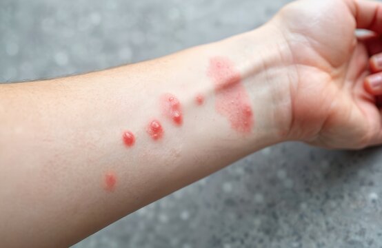 Arm with red inflamed bumps from allergy testing. Skin shows positive reaction to allergen prick tests. Medical examination for health issues.