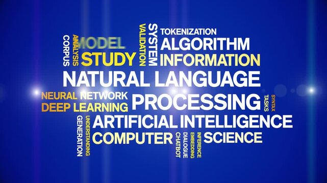 Natural Language Processing animated word cloud-text design animation tag kinetic typography seamless loop.