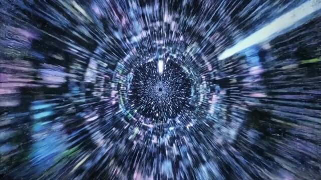 Vibrant light trails rush through a dark cosmic tunnel, depicting warp speed.