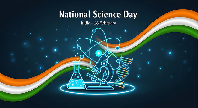 National Science Day India Banner with Tricolor Wave and Glowing Atom