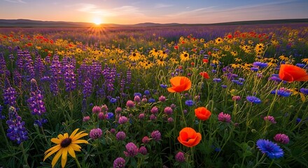 Fototapeta premium Vibrant Wildflowers in Sunset Field.
