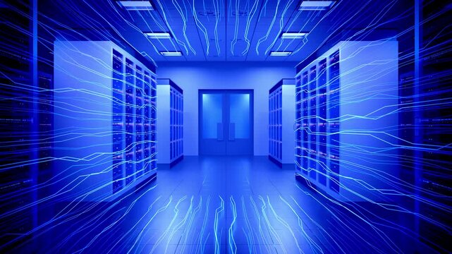 Blue Server Room with Tiny Glowing Network Connections - 3d 4k animation (3840 x 2160px)