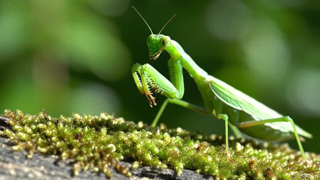 A close-up image of a green praying mantis resting on moss-covered wood with a blurred green background