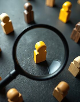 Wooden people figures represent candidates under magnifying glass. Search for employee, talent acquisition, team selection, business process concept. Finding perfect match.