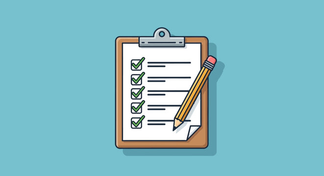 Checklist on Clipboard with Pencil and Ticks.