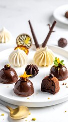 Elegant Chocolate Dessert Assortment on White Plate.
