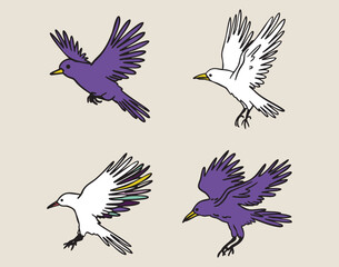 Obraz premium Flying birds and ravens in profile, approaching, boho mystical witchy hand drawn style