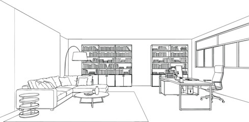Fototapeta premium Architectural line drawing of an expansive executive suite with sectional sofa lounge and modern desk workspace
