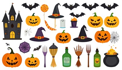 Halloween Vector Illustration Set - Pumpkins, Bats, Castle, and More.