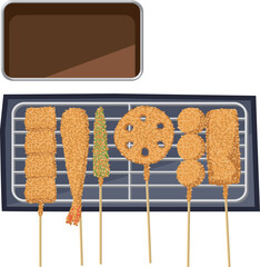 盛り付けられた串カツとソースのイメージイラスト