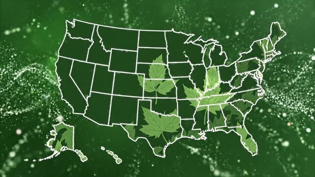 A green background with white dots and map outline of the country leaf silhouette on state oregon pennsylvania green screen animated chromakey background frame layers colorful emotion