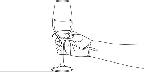 Obraz premium Continuous one line drawing of a hand holding a champagne glass for celebration and luxury toast